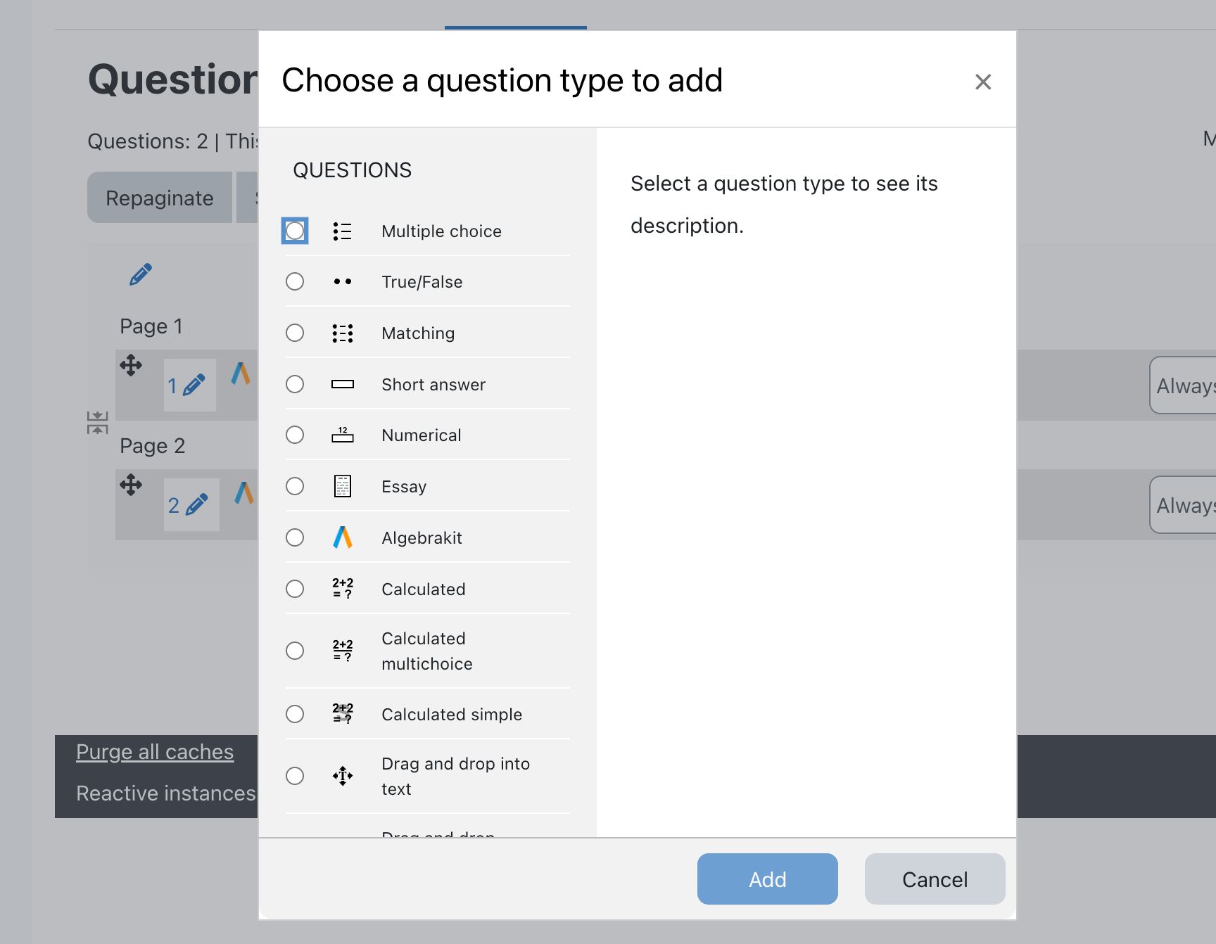 Selecting the Algebrakit Questiontype